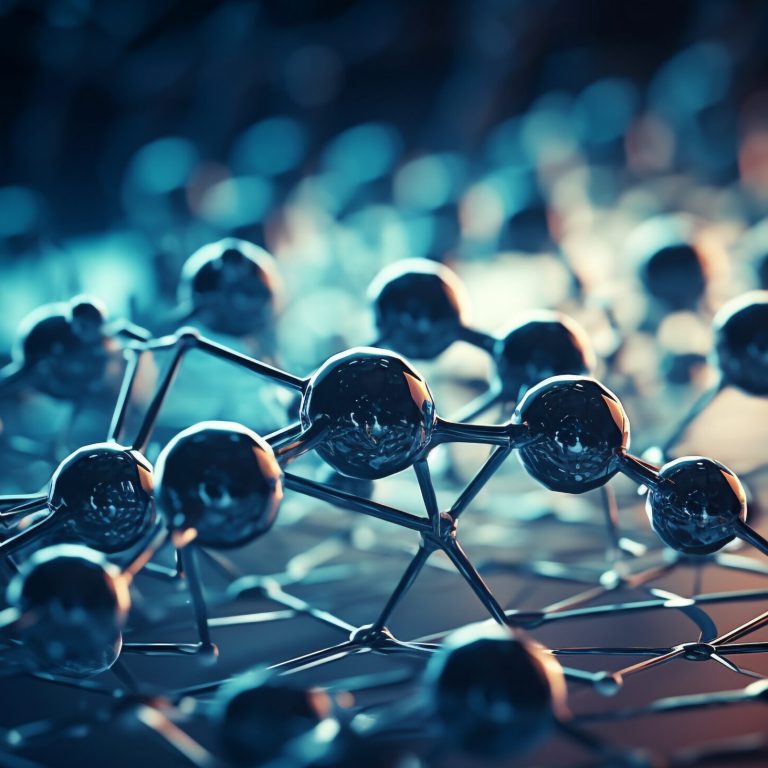 Futuristic molecule patterns connect for genetic research discovery generated by artificial intelligence